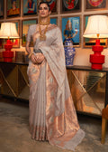 LIGHT GRAY COPPER ZARI WOVEN PURE HANDLOOM ORGANZA SILK SAREE