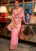 CARNATION PINK COPPER ZARI WOVEN PURE HANDLOOM ORGANZA SILK SAREE