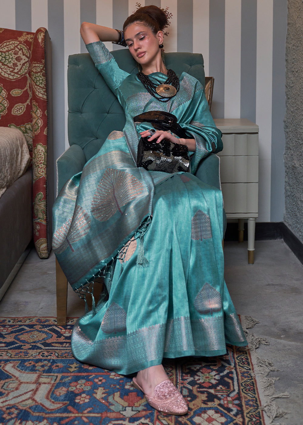 DEEP SKY BLUE COPPER ZARI WOVEN HANDLOOM BANARASI SILK SAREE