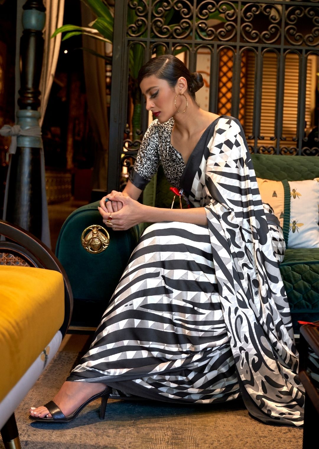 Black & White Digital Printed Satin Crepe Silk Saree