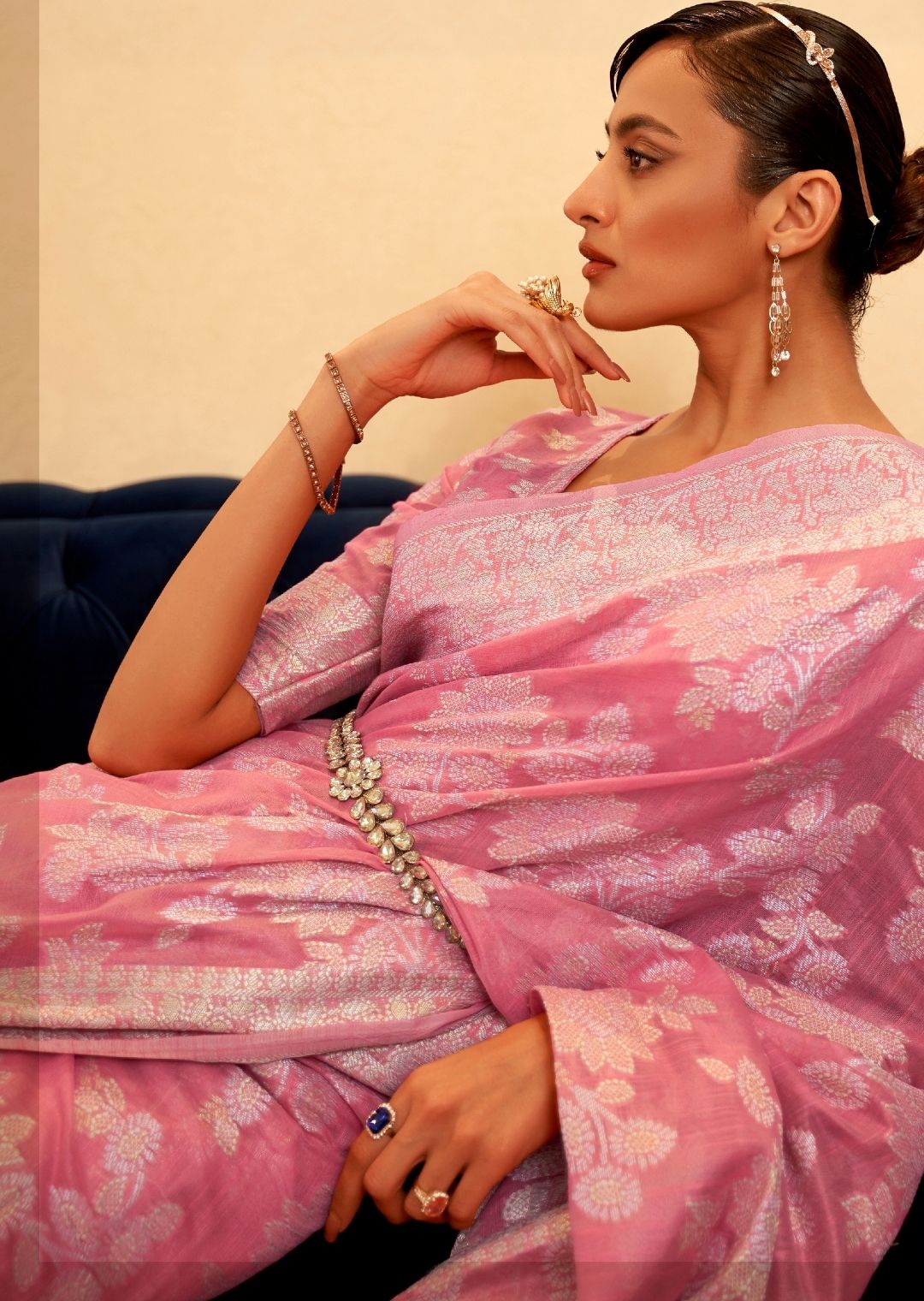 Carnation Pink Woven Pure Handloom Chickankari Lucknowi Cotton Saree