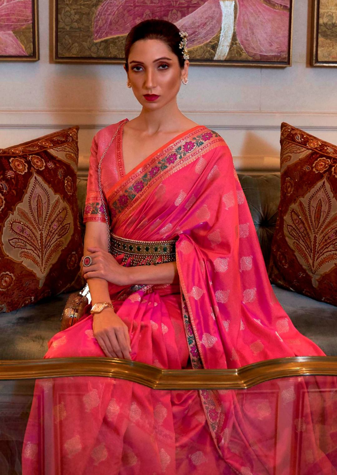 Raspberry Pink Woven Handloom Zari Silk Saree