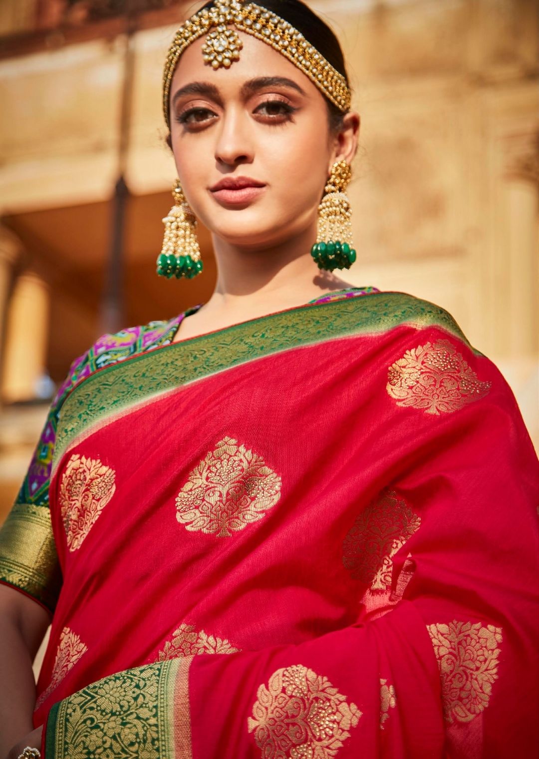 Red & Green Woven Traditional Patola Silk Saree With Embroidered Silk Blouse