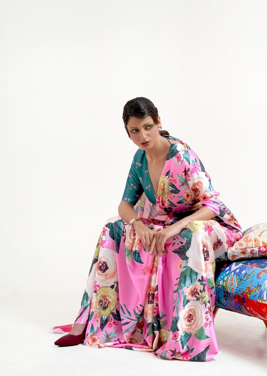 Taffy Pink Digital Printed Satin Crepe Saree