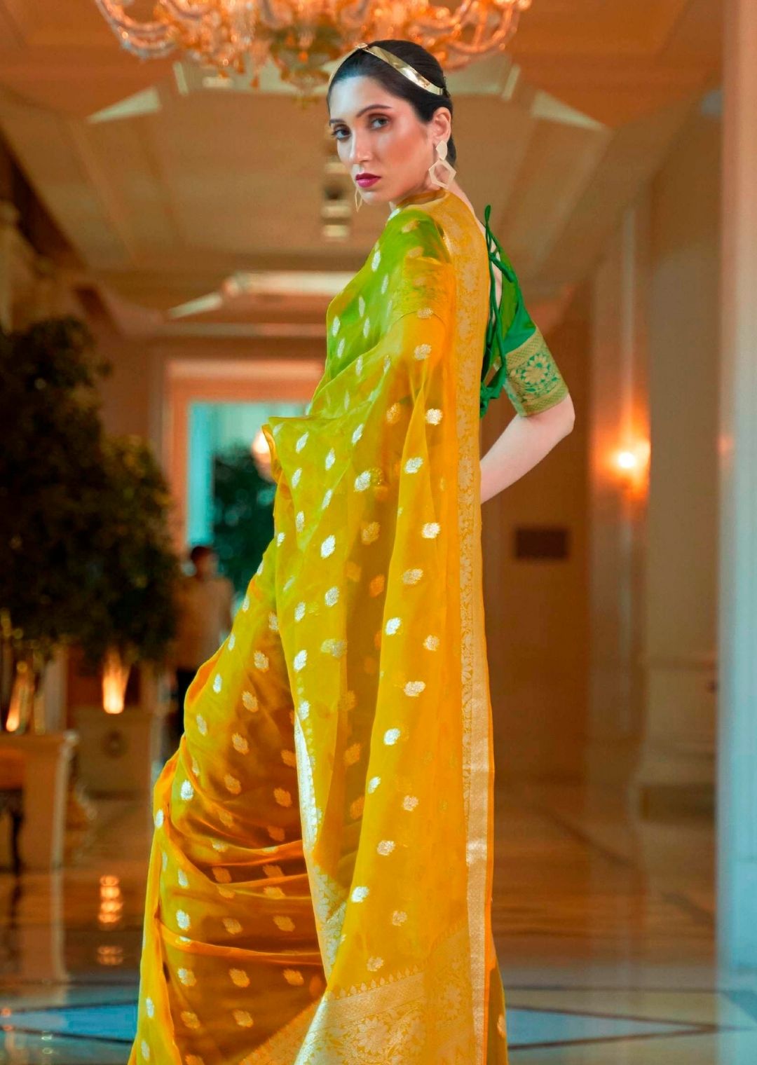 Golden Yellow Hand Woven Organza Chanderi Silk Saree