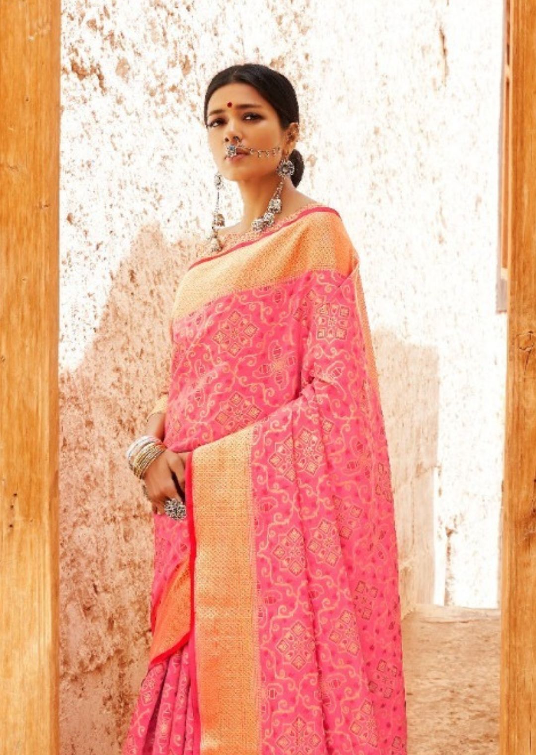 Salmon Pink Woven Traditional Patola Silk Saree