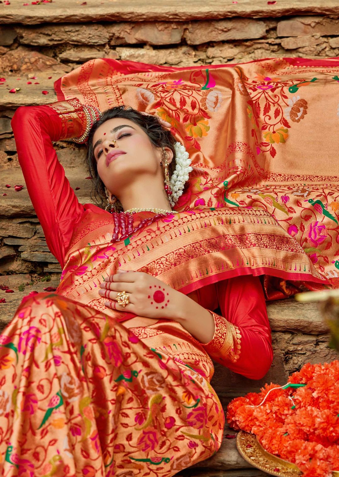 Ruby Red Woven Brocade Paithani Silk Saree