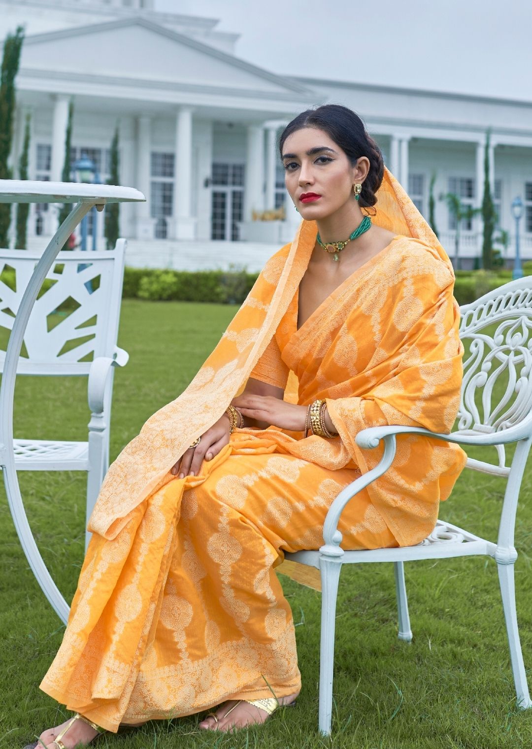 Light Orange Hand Woven Lucknowi Cotton Saree