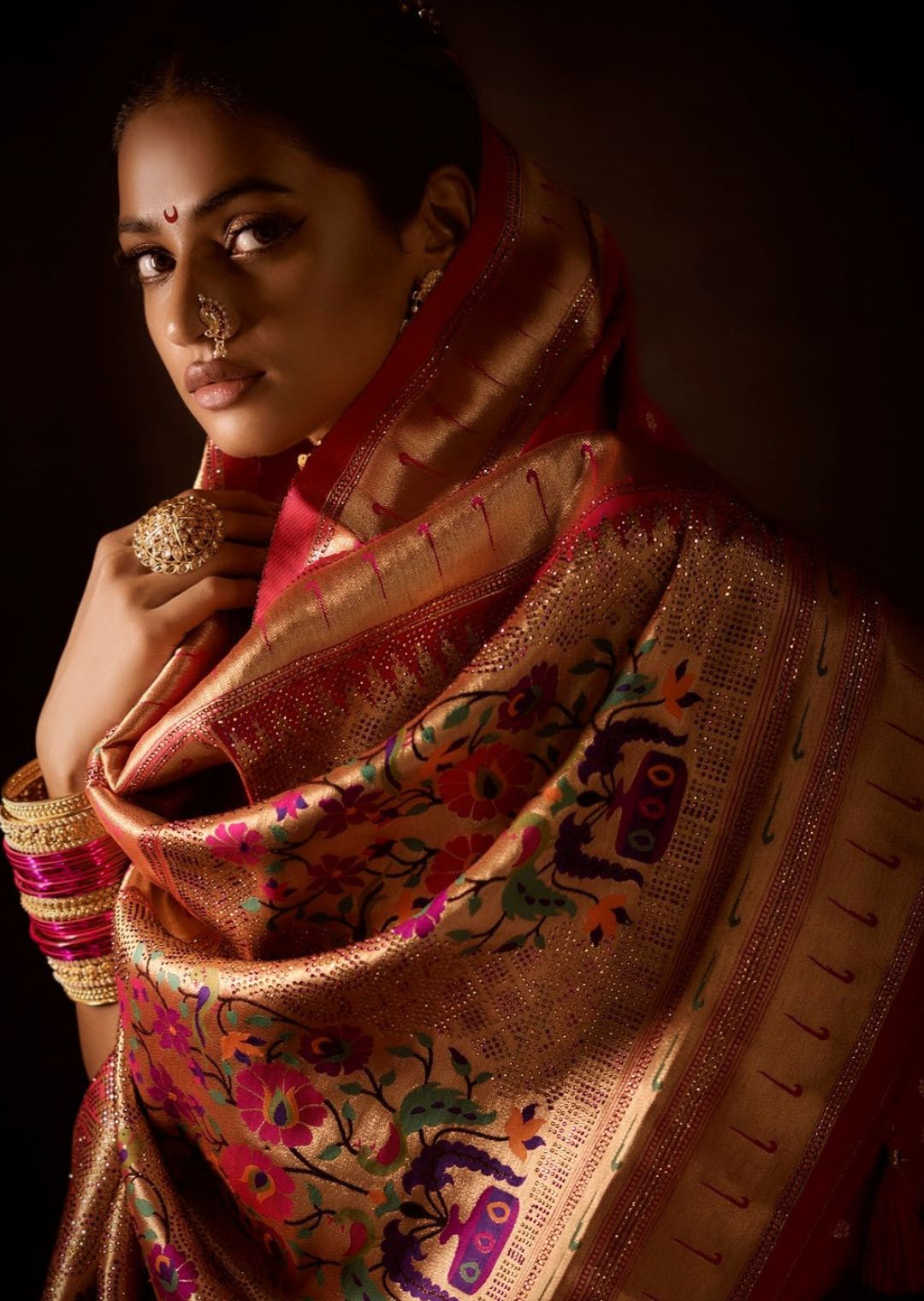 Ruby Red Zari Woven Traditional Peshwai Paithani Silk Saree With Swarovski Work