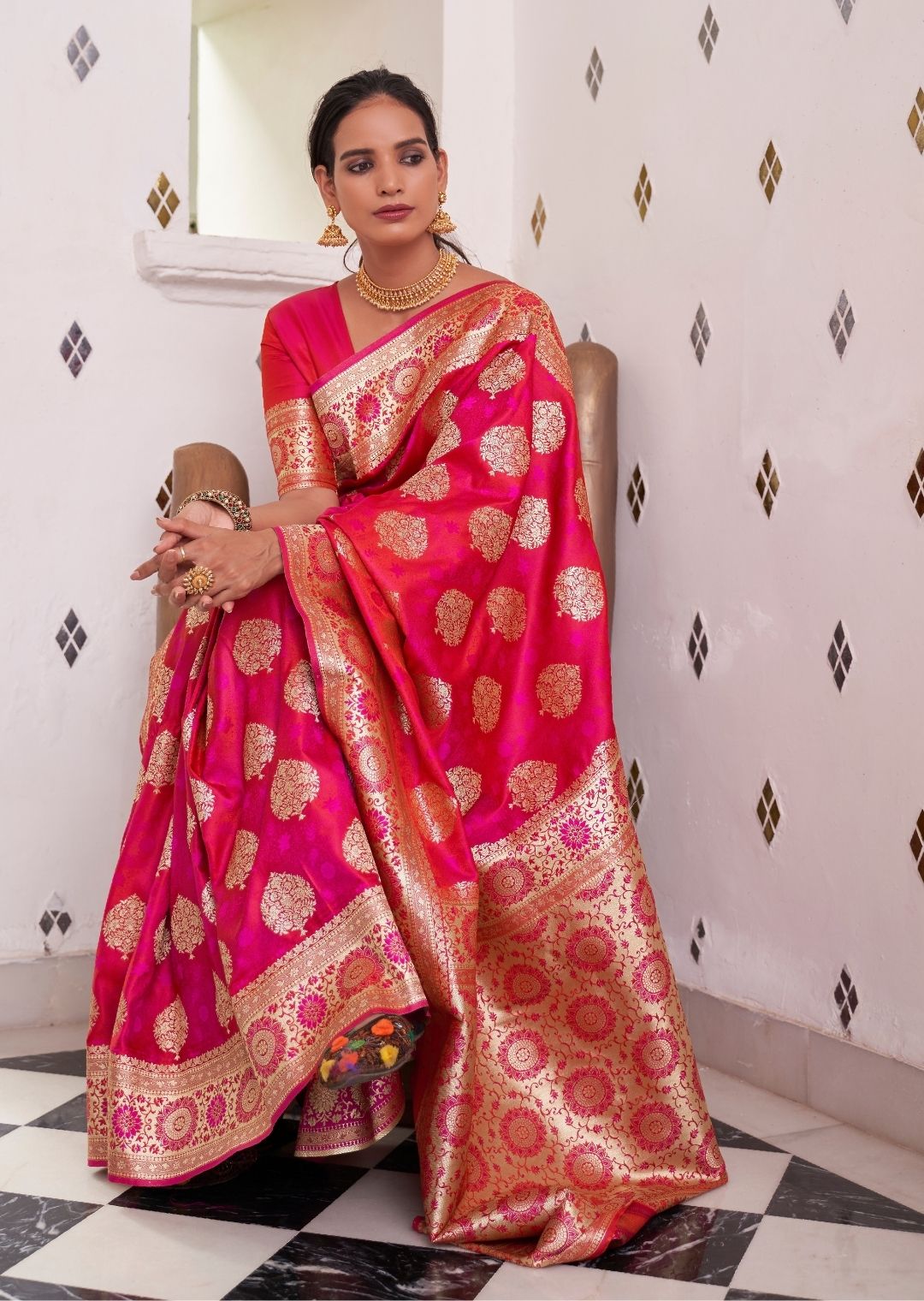 Hot Pink Woven Pure Satin Banarasi Silk Saree
