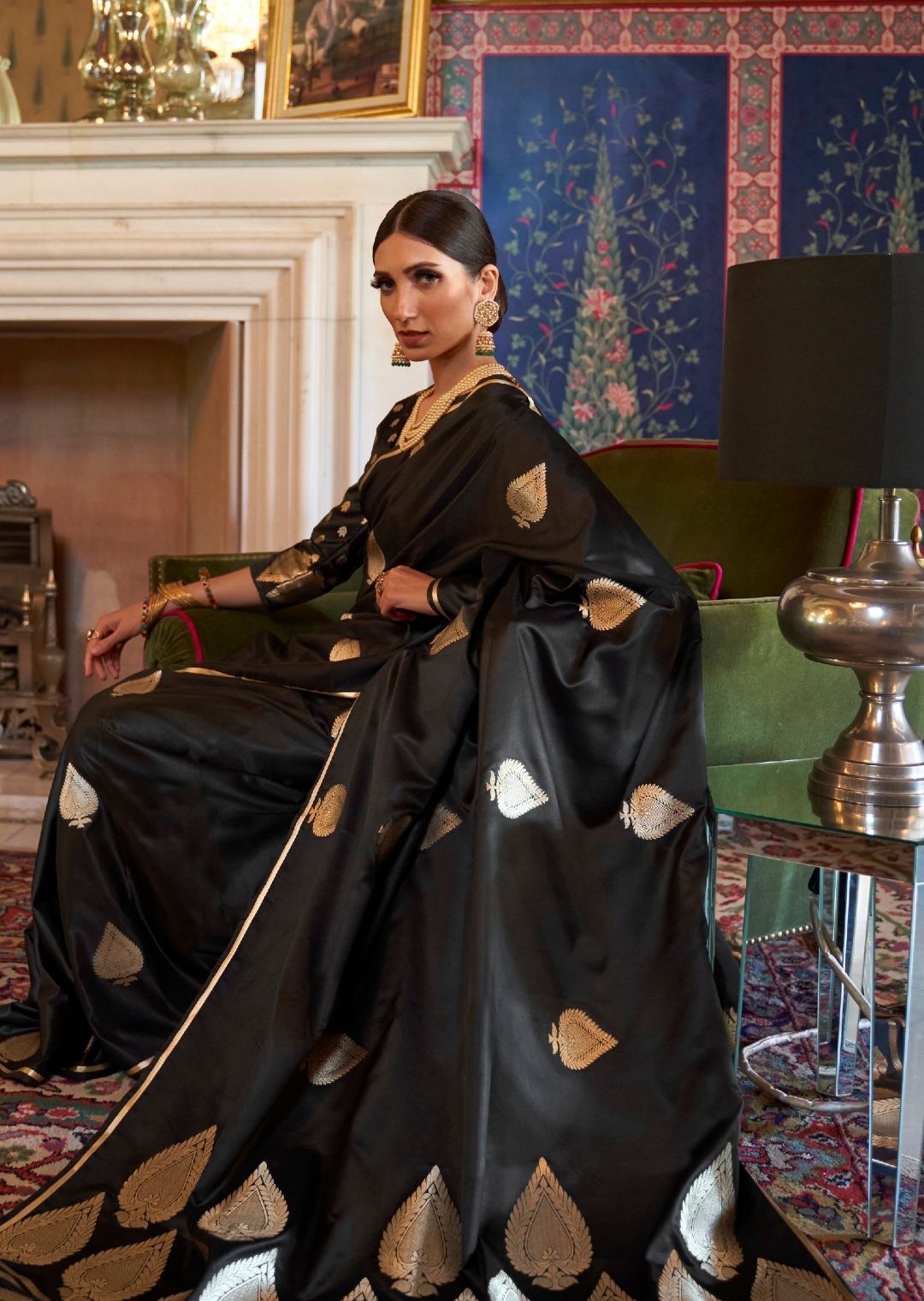 Black Woven Pure Satin Silk Saree