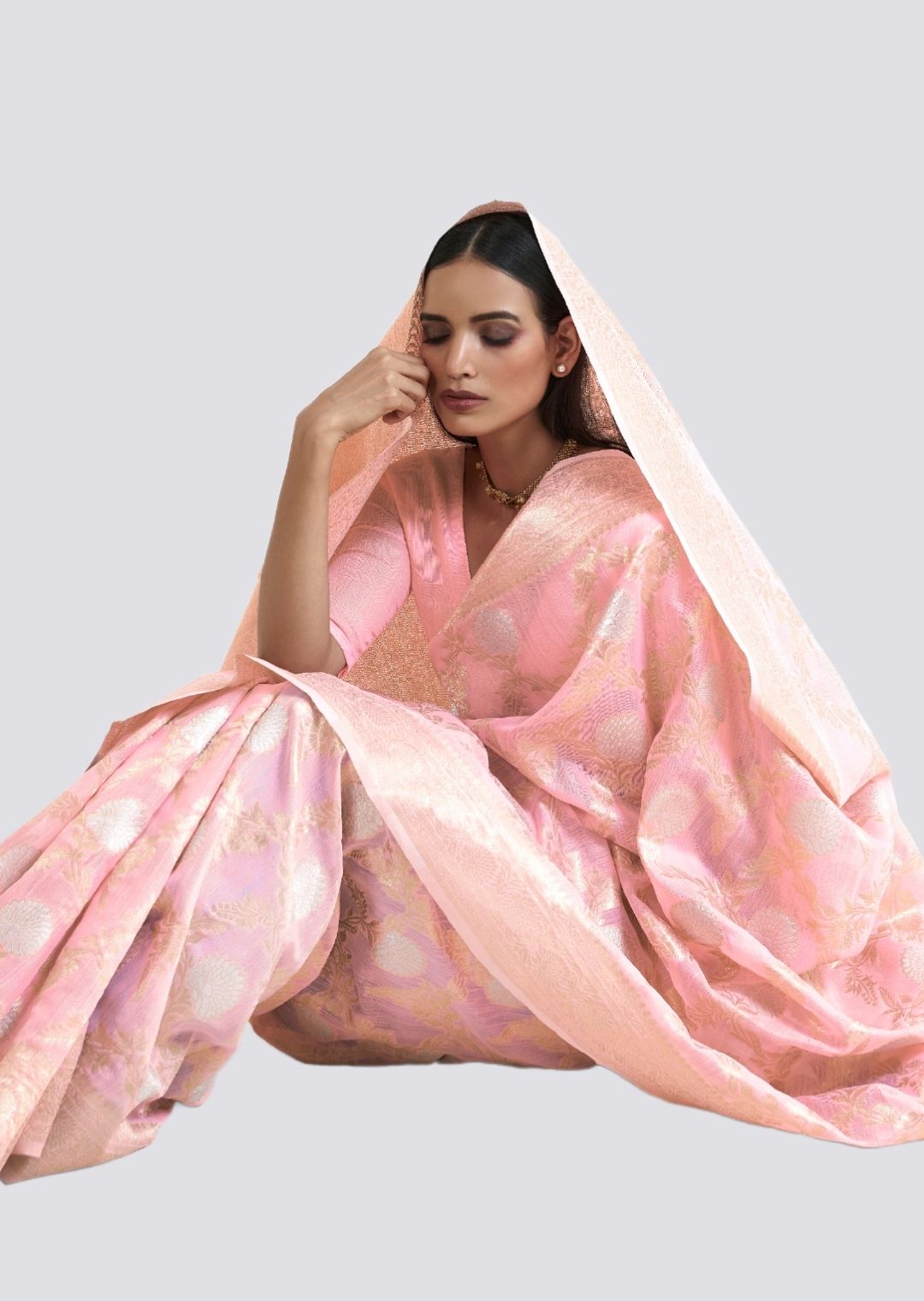 Light Lemonade Pink Zari Woven Pure Handloom Linen Saree
