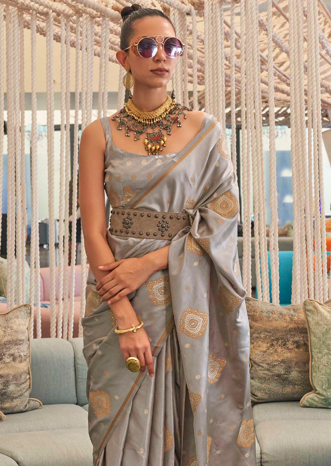 CLOUD GRAY COPPER ZARI WOVEN PURE SATIN SILK SAREE