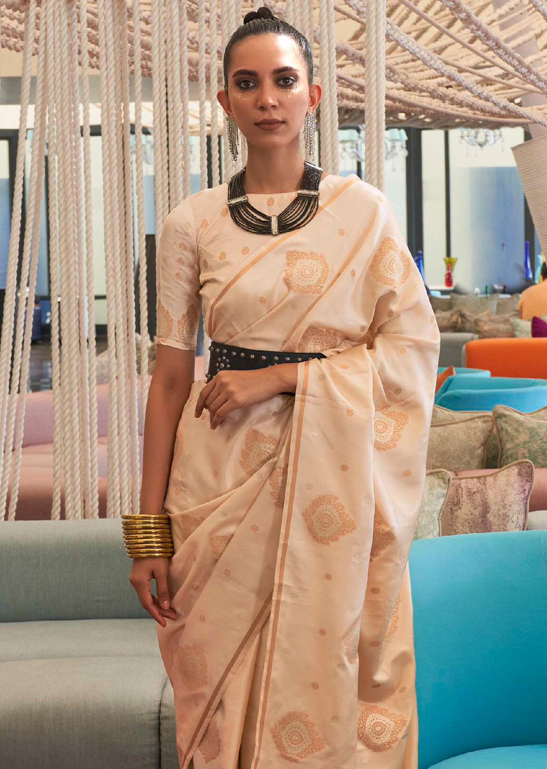PEARL WHITE COPPER ZARI WOVEN PURE SATIN SILK SAREE
