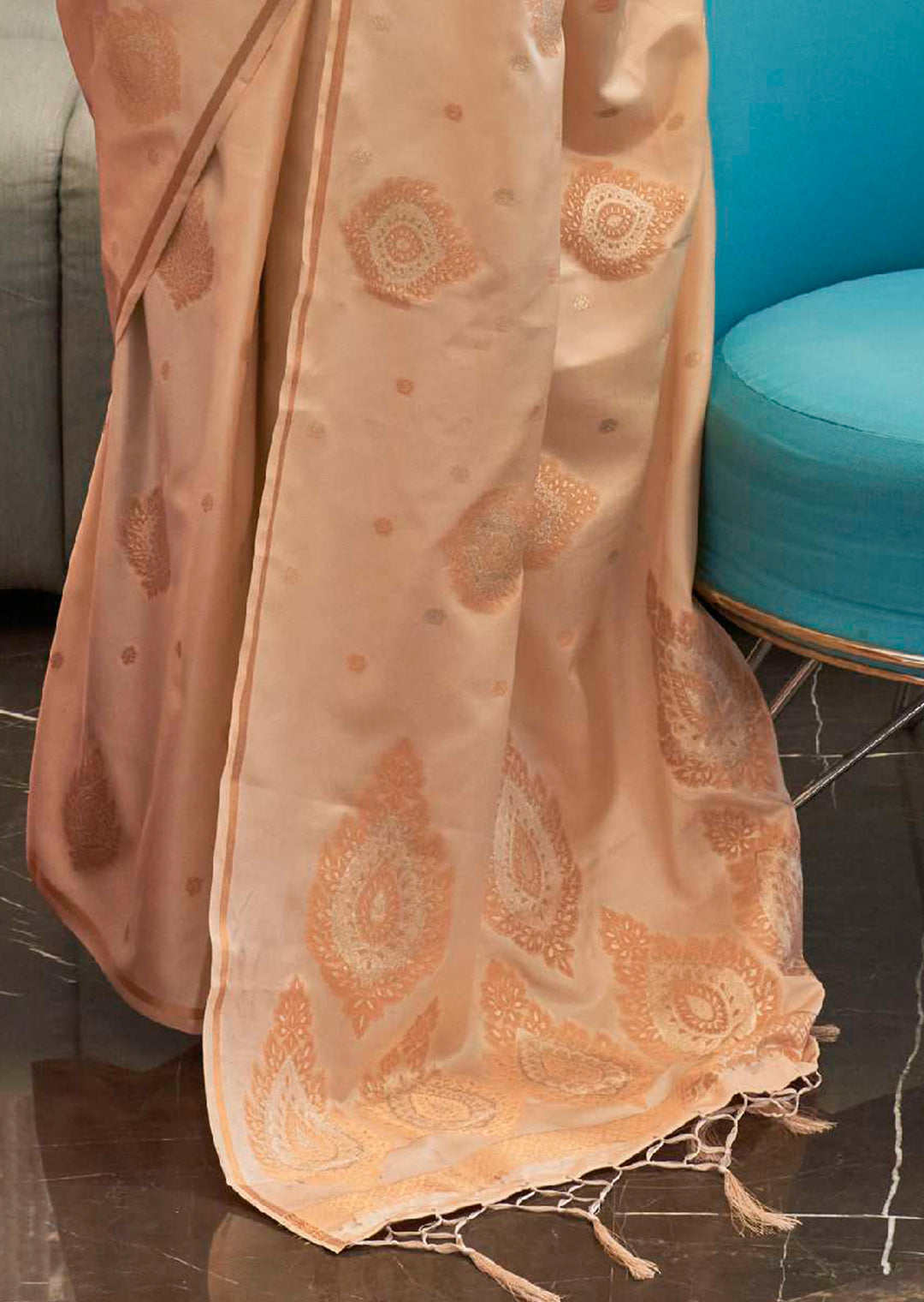 PEARL WHITE COPPER ZARI WOVEN PURE SATIN SILK SAREE