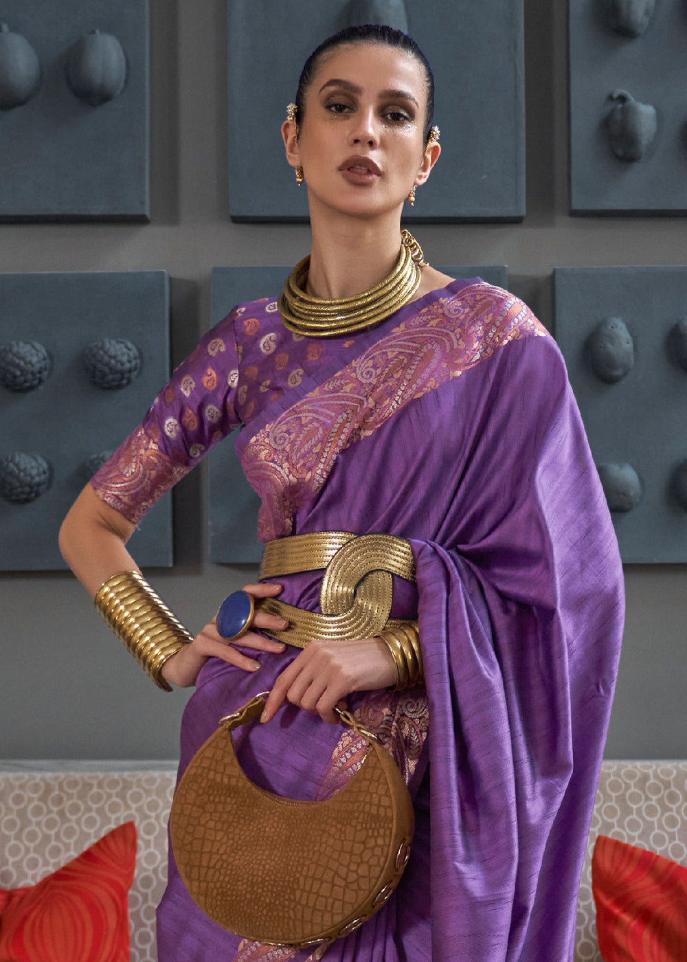 PERIWINKLE PURPLE COPPER ZARI WOVEN HANDLOOM COTTON SILK SAREE