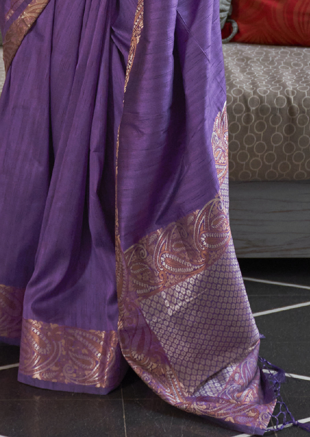 PERIWINKLE PURPLE COPPER ZARI WOVEN HANDLOOM COTTON SILK SAREE