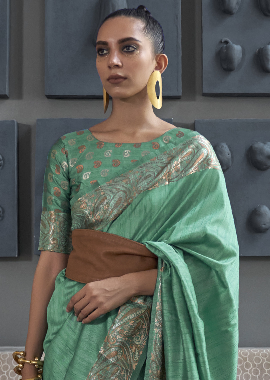 SEAFOAM GREEN COPPER ZARI WOVEN HANDLOOM COTTON SILK SAREE