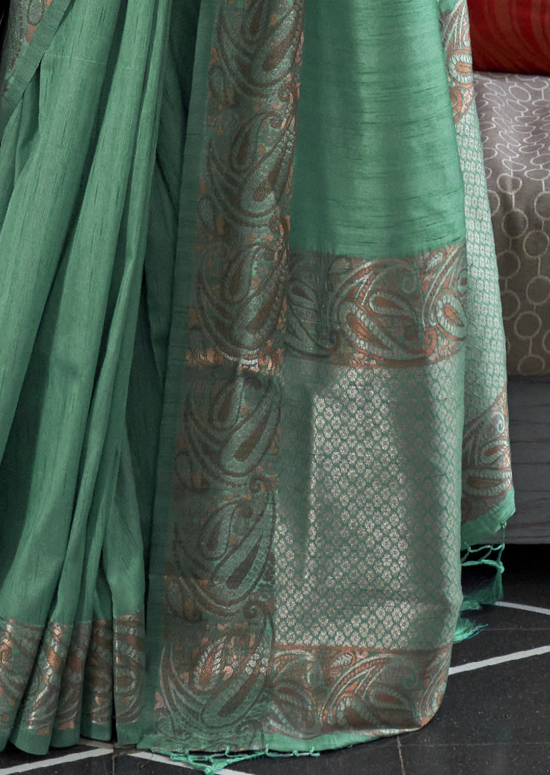SEAFOAM GREEN COPPER ZARI WOVEN HANDLOOM COTTON SILK SAREE