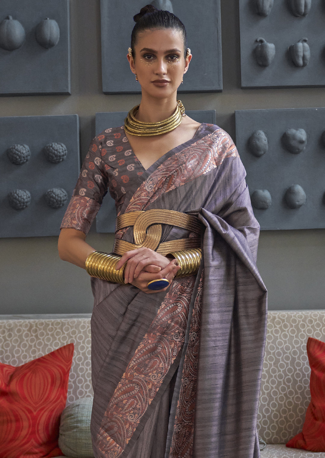 SLATE GRAY COPPER ZARI WOVEN HANDLOOM COTTON SILK SAREE