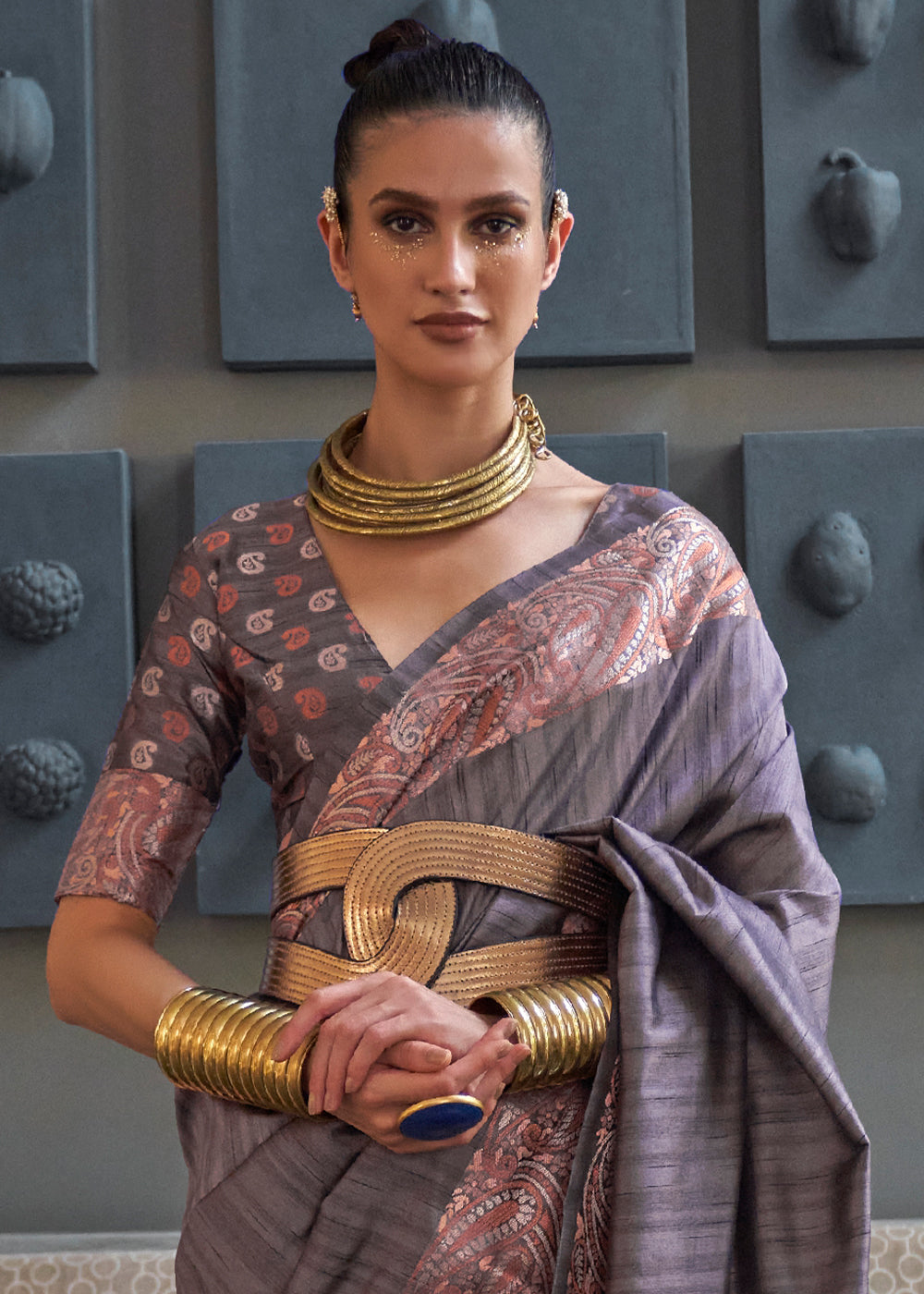 SLATE GRAY COPPER ZARI WOVEN HANDLOOM COTTON SILK SAREE