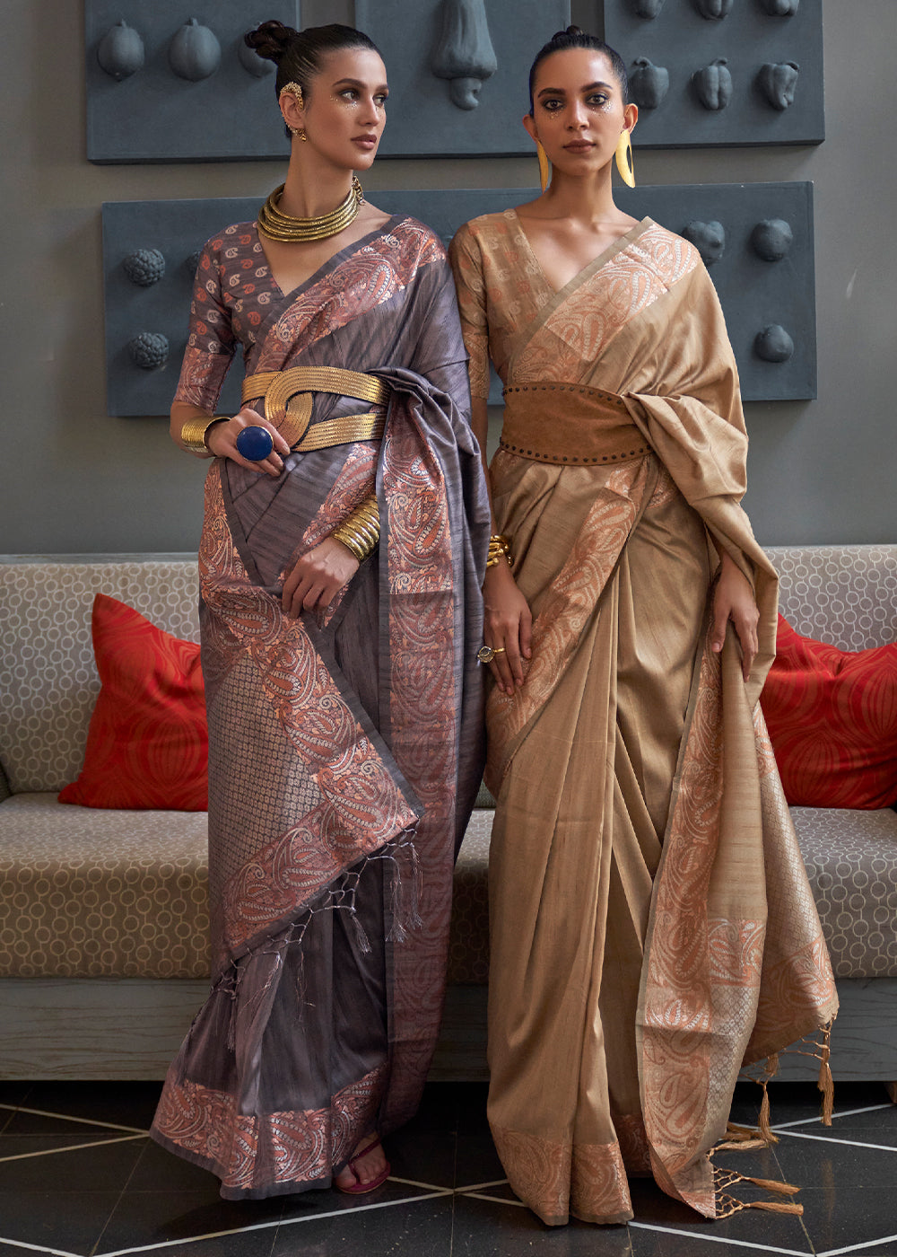 SLATE GRAY COPPER ZARI WOVEN HANDLOOM COTTON SILK SAREE