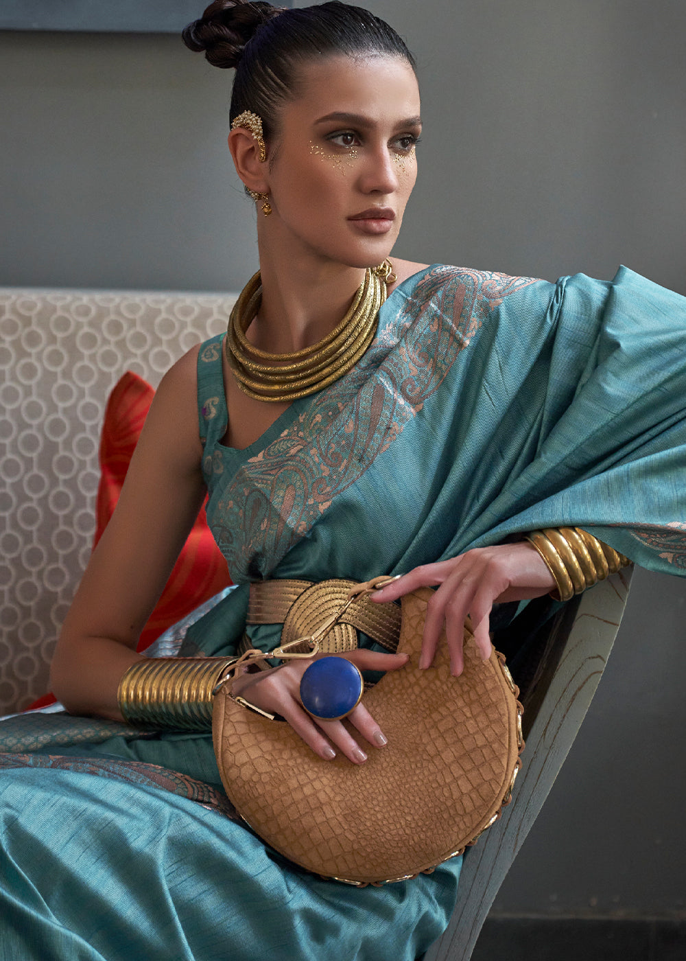 CYAN BLUE COPPER ZARI WOVEN HANDLOOM COTTON SILK SAREE