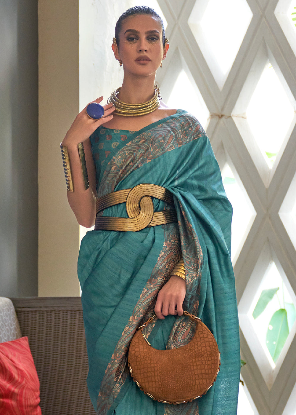 CYAN BLUE COPPER ZARI WOVEN HANDLOOM COTTON SILK SAREE
