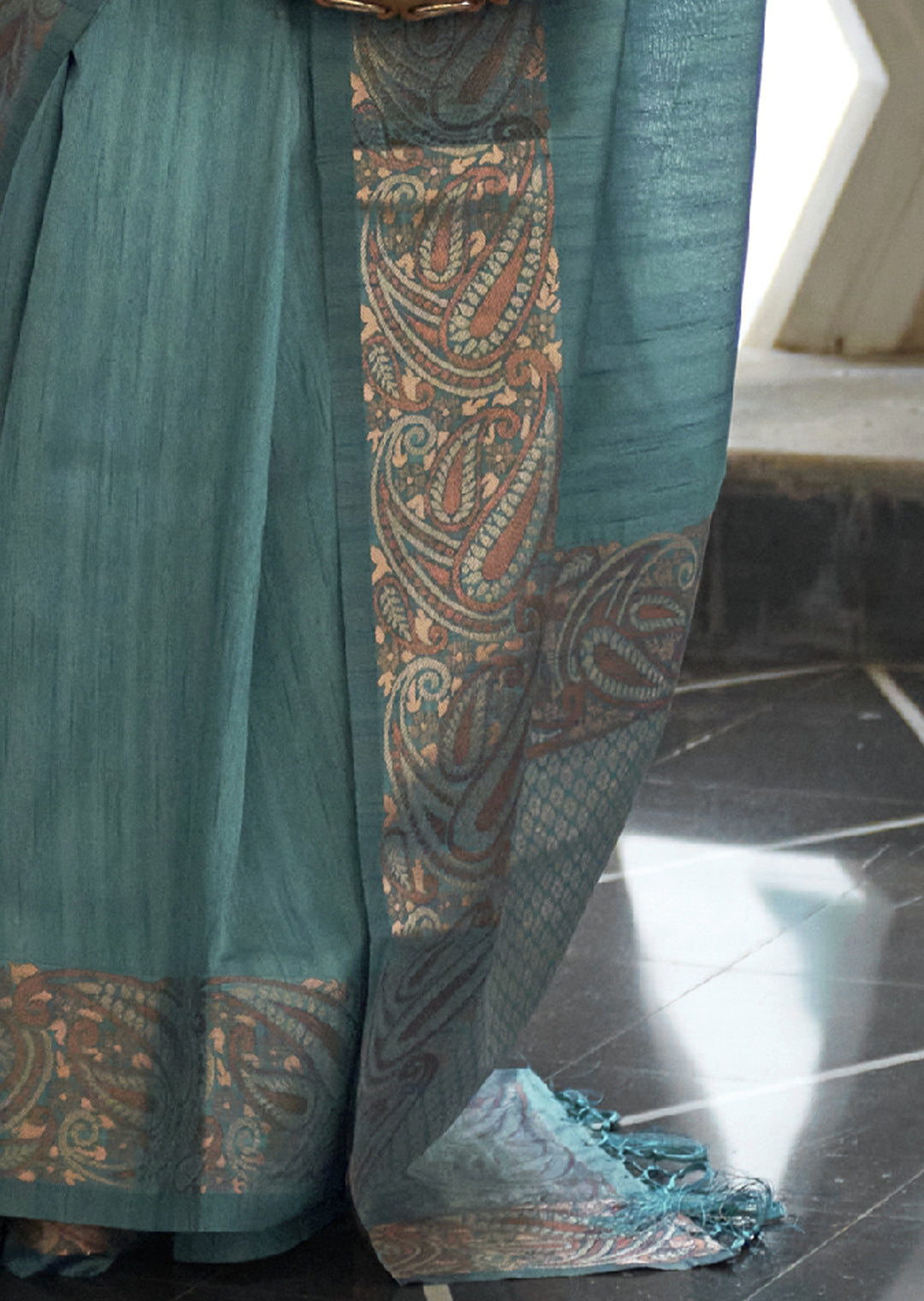 CYAN BLUE COPPER ZARI WOVEN HANDLOOM COTTON SILK SAREE