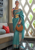 CYAN BLUE COPPER ZARI WOVEN HANDLOOM COTTON SILK SAREE