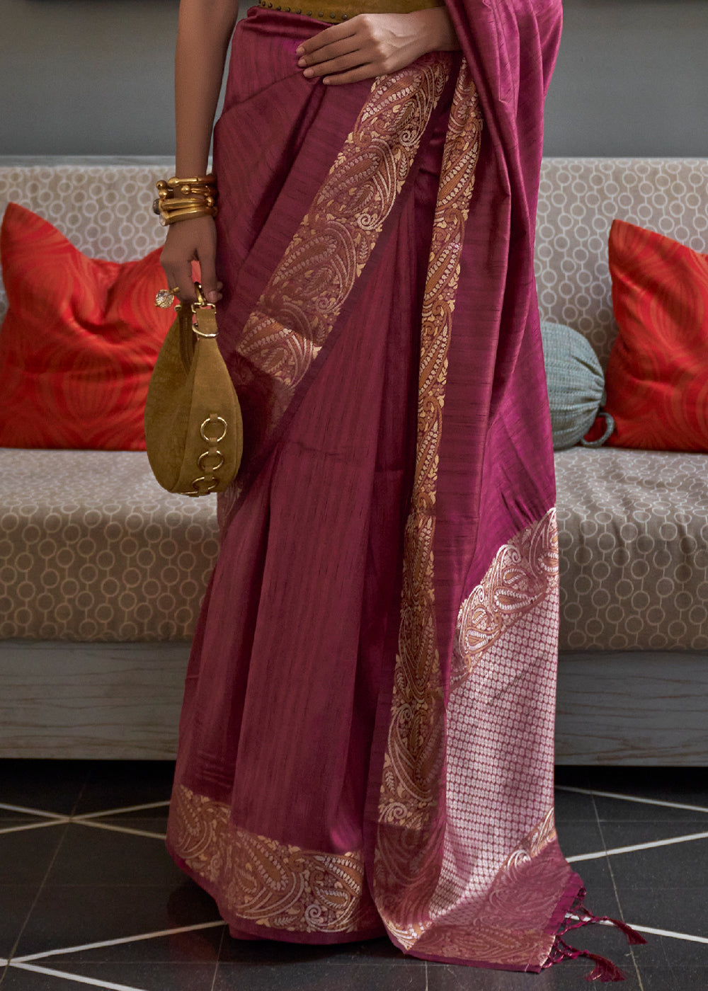 WINE RED COPPER ZARI WOVEN HANDLOOM COTTON SILK SAREE