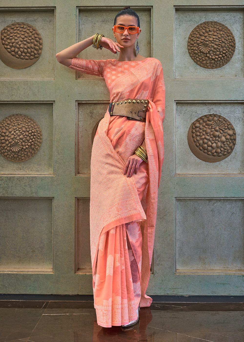 PEACH ORANGE WOVEN PURE CHIKANKARI LUCKNOWI COTTON SAREE
