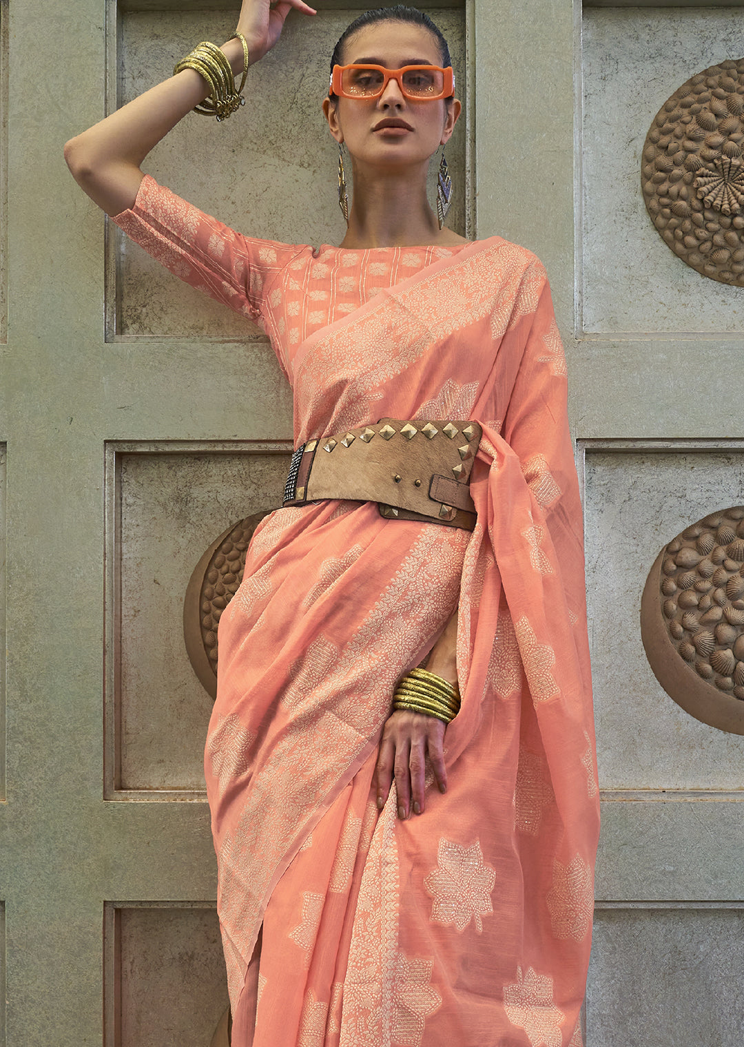 PEACH ORANGE WOVEN PURE CHIKANKARI LUCKNOWI COTTON SAREE