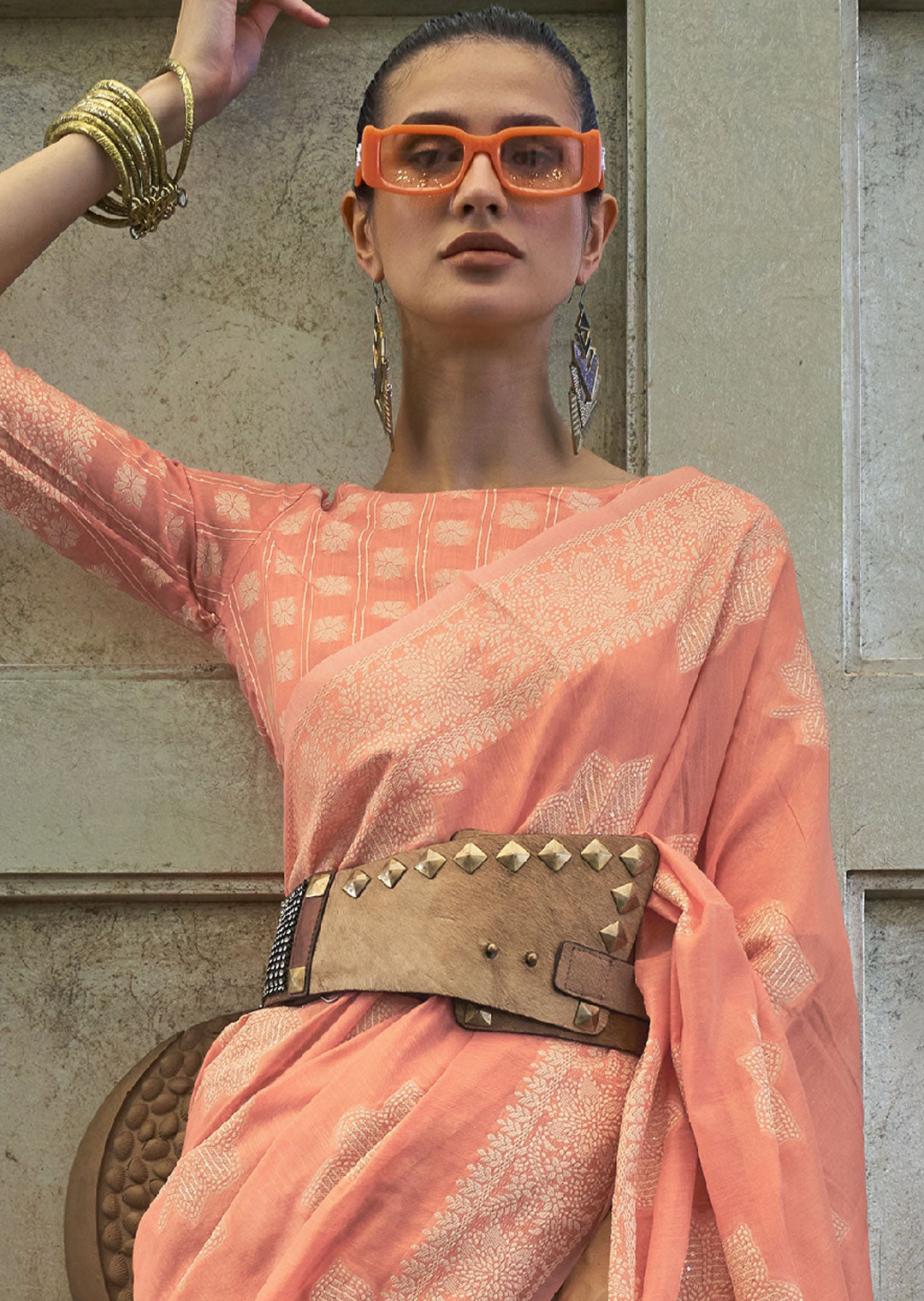 PEACH ORANGE WOVEN PURE CHIKANKARI LUCKNOWI COTTON SAREE