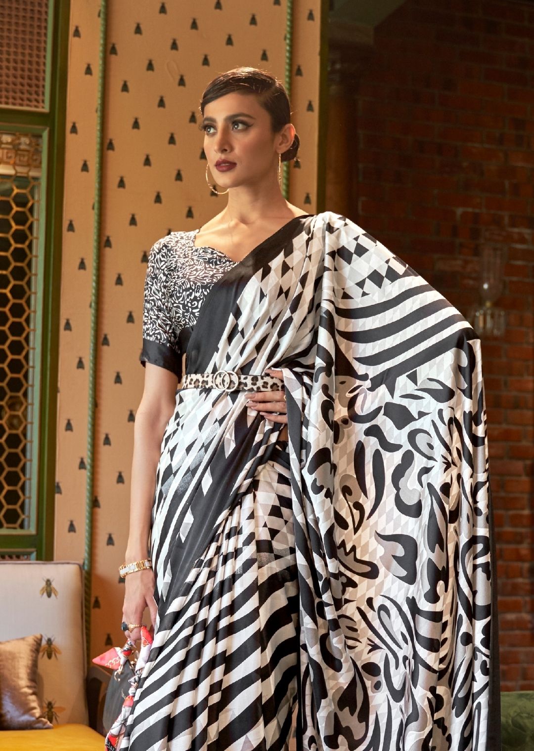 Black & White Digital Printed Satin Crepe Silk Saree