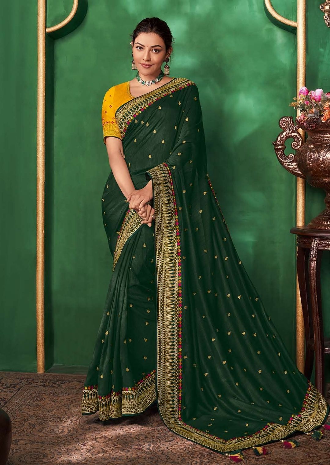 Brown Barfi Chinnon Silk Saree With Contrast Colour Heavy Embroidery Blouse