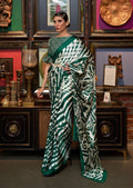 White & Green Digital Printed Satin Crepe Silk Saree