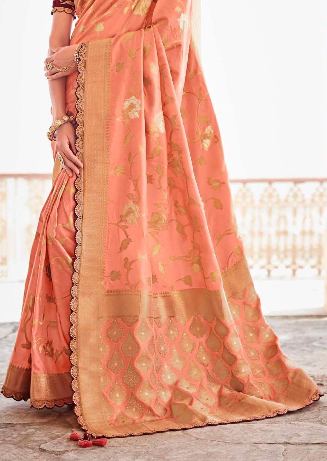 Salmon Orange Woven Exclusive Designer Banarasi Silk Saree With Embroidered Silk Blouse