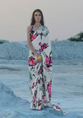White & Pink Digital Printed Satin Crepe Saree