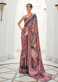 Salmon Pink & Black Kalamkari Printed Pure Crepe Silk Saree