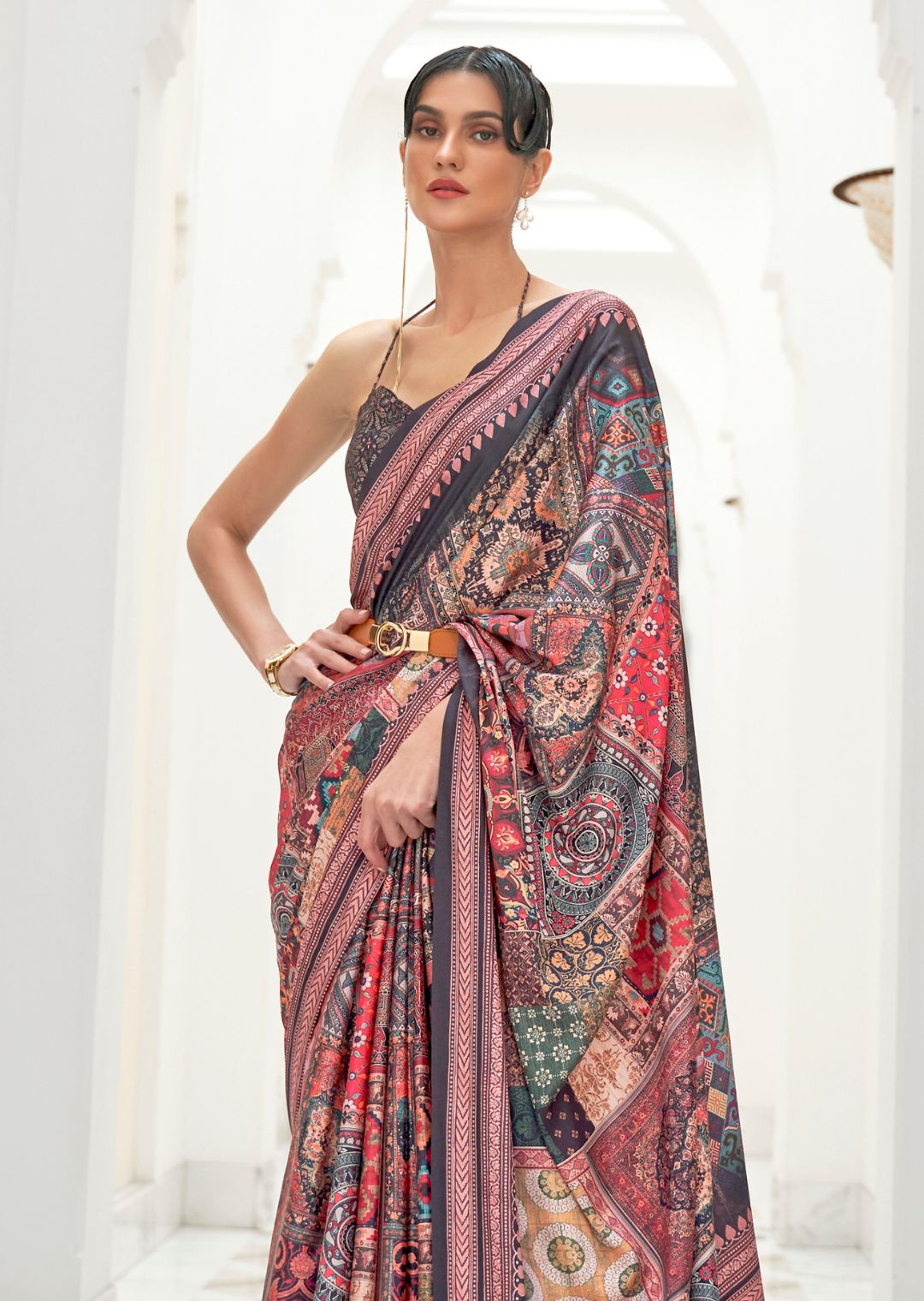 Salmon Pink & Black Kalamkari Printed Pure Crepe Silk Saree