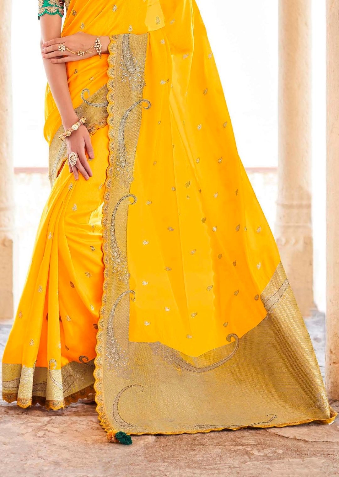 Yellow Woven Exclusive Designer Banarasi Silk Saree With Embroidered Silk Blouse
