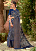 Navy Blue Woven Pure Handloom Cotton Saree