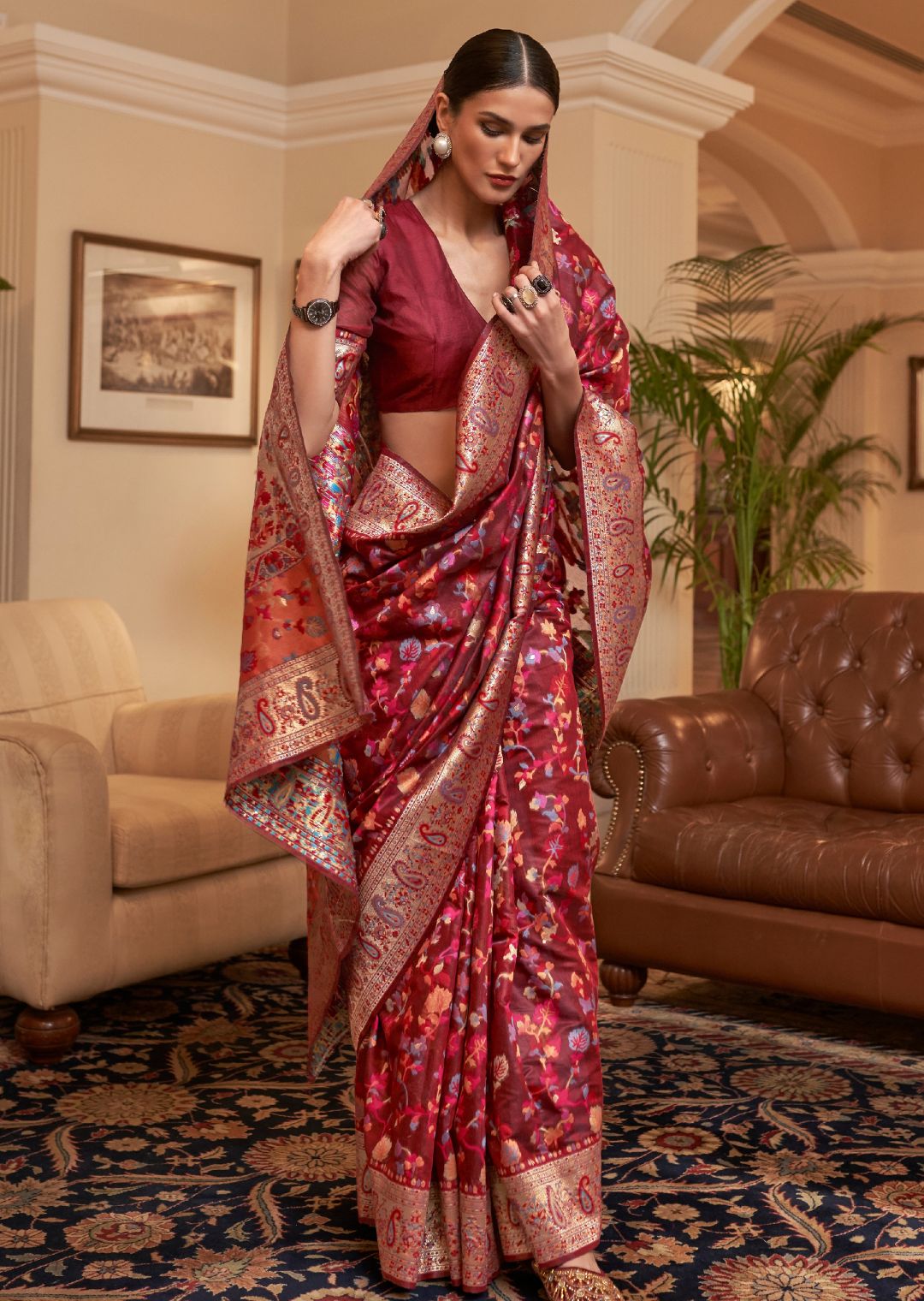 Brick Red Woven Pure Handloom Kashmiri Jamewar Silk Saree