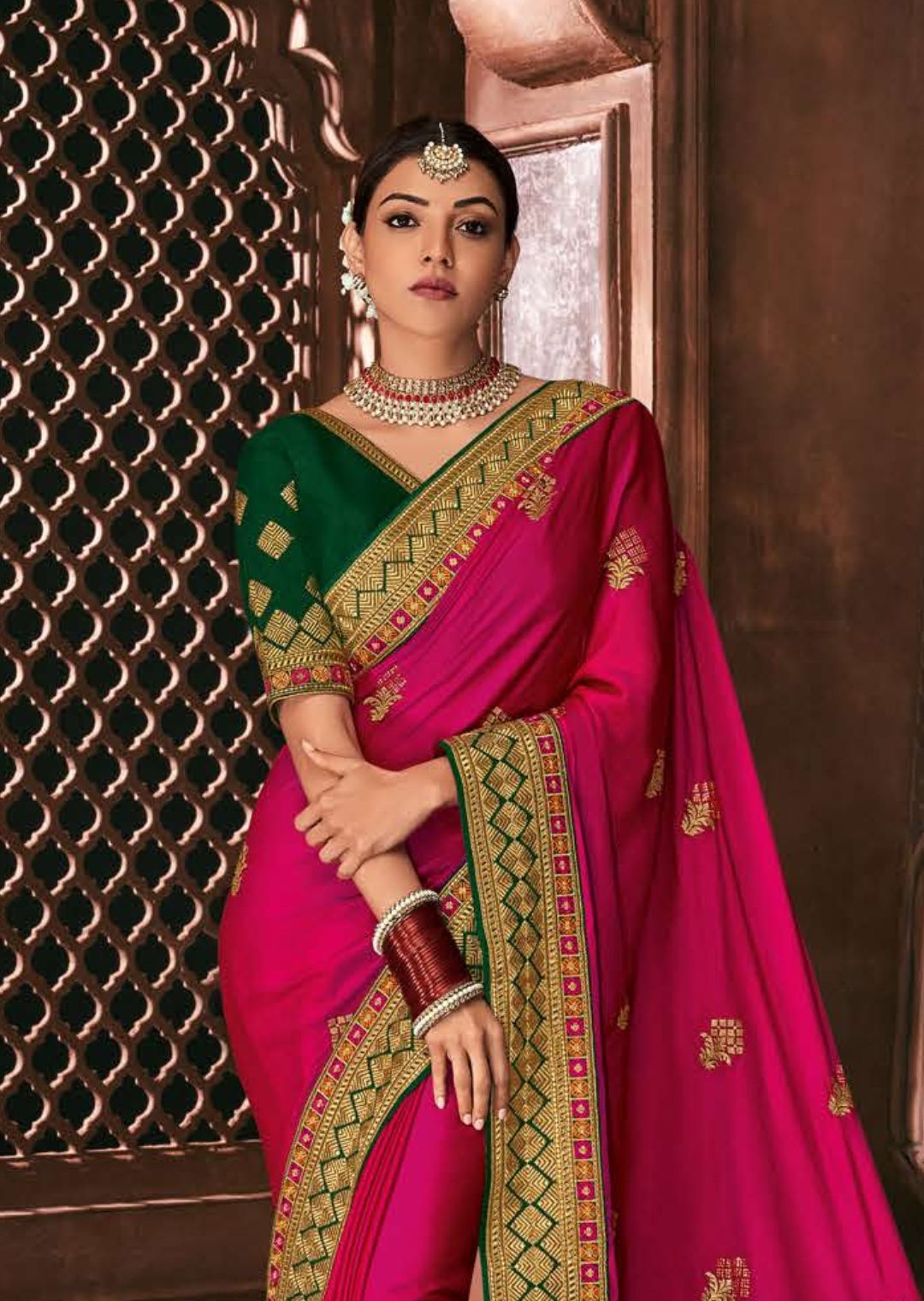 Ruby Pink & Green Woven Celebrities Designer Saree with Embroidered Silk Blouse