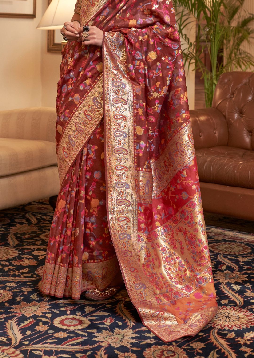 Brick Red Woven Pure Handloom Kashmiri Jamewar Silk Saree