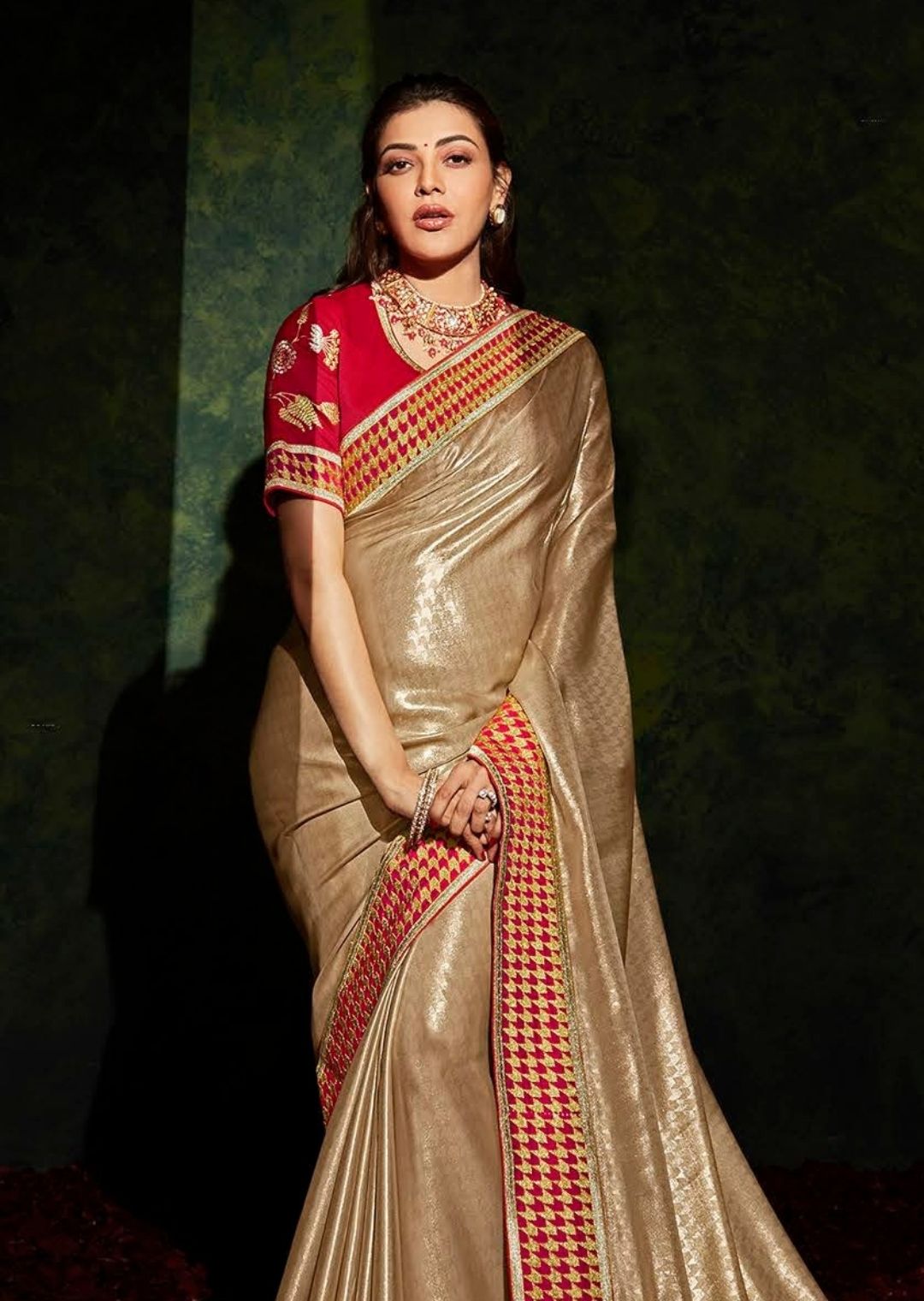 Golden Beige Woven Celebrities Exclusive Designer Saree with Embroidered Silk Blouse