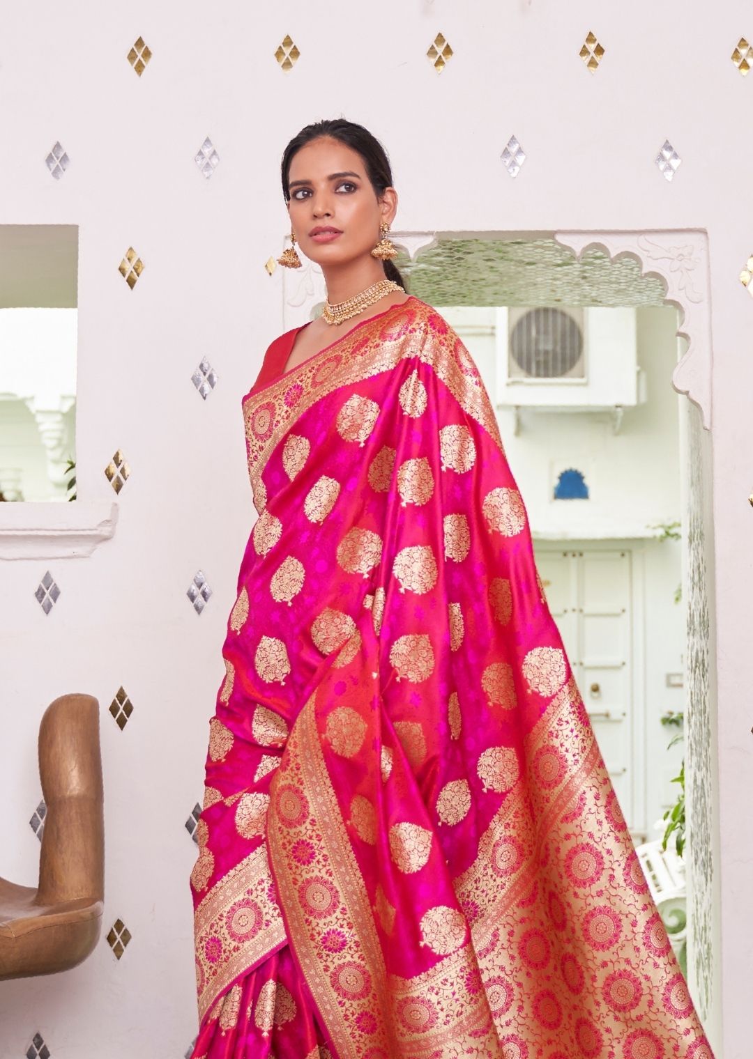 Hot Pink Woven Pure Satin Banarasi Silk Saree