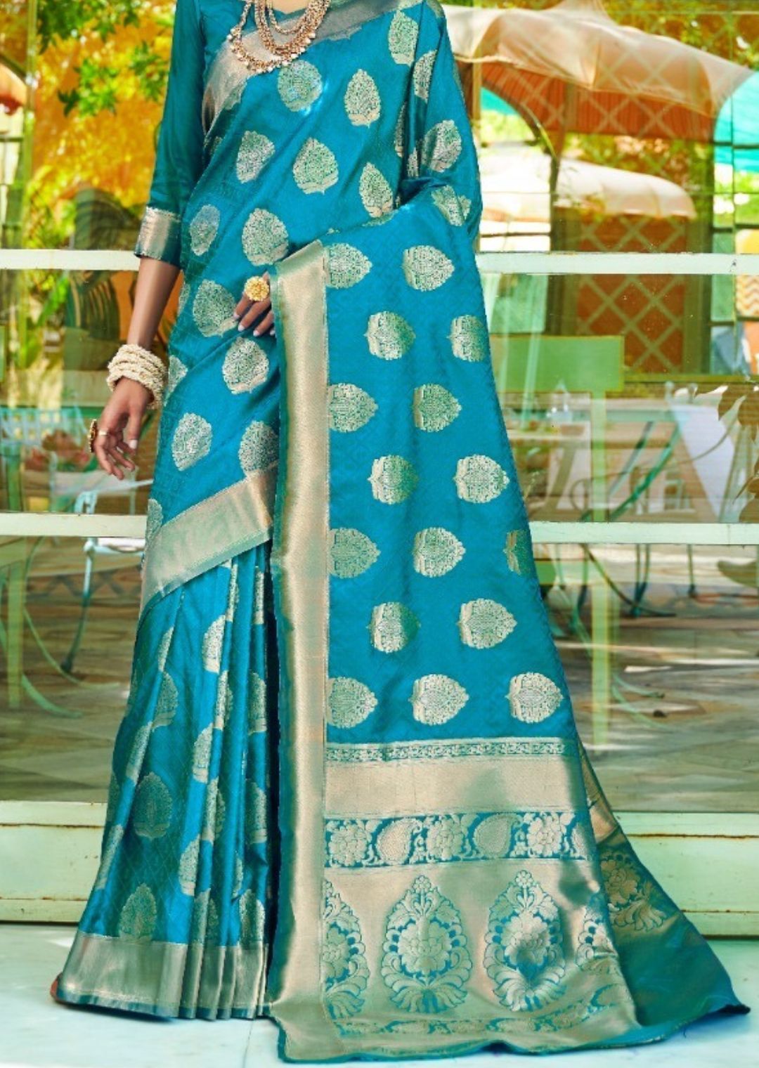 Ocean Blue Woven Banarasi Silk Saree