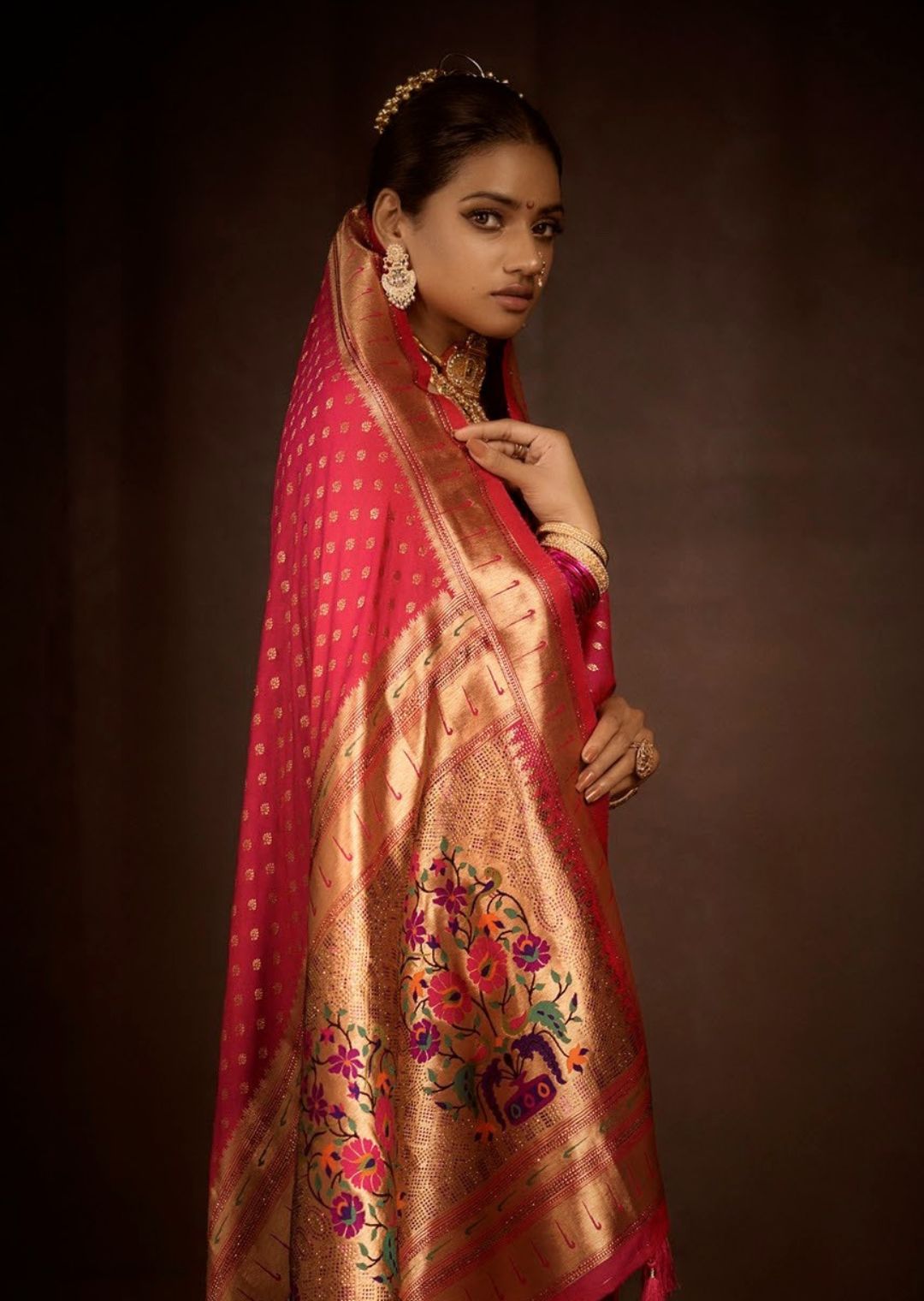 Ruby Red Zari Woven Traditional Peshwai Paithani Silk Saree With Swarovski Work